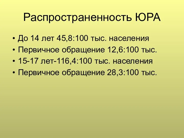 Распространенность ЮРА До 14 лет 45,8:100 тыс. населения Первичное обращение 12,6:100 тыс.