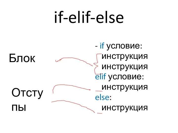 if-elif-else - if условие: инструкция инструкция elif условие: инструкция else: инструкция Блок Отступы