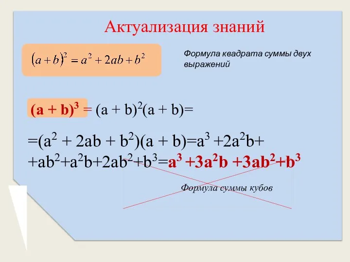 Формула квадрата суммы двух выражений (a + b)3 = (a + b)2(a