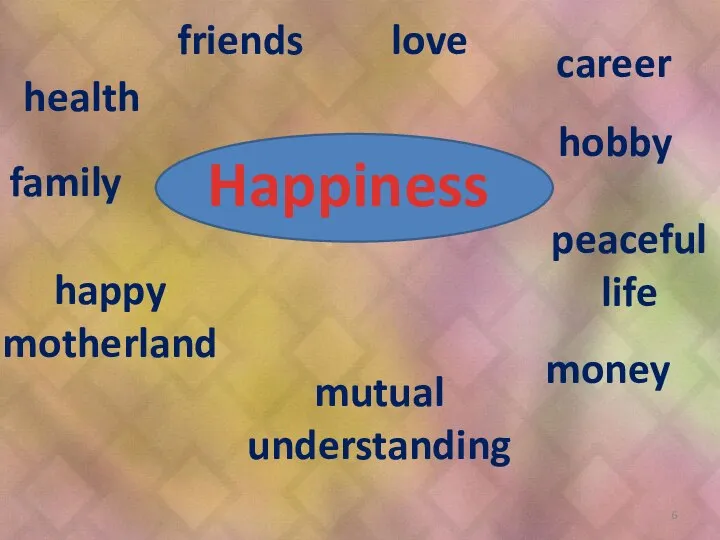 Happiness family health friends career hobby peaceful life mutual understanding love happy motherland money