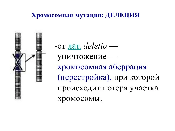 Хромосомная мутация: ДЕЛЕЦИЯ от лат. deletio — уничтожение — хромосомная аберрация (перестройка),