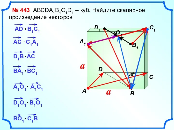 D1 № 443 АВСDA1B1C1D1 – куб. Найдите скалярное произведение векторов C B