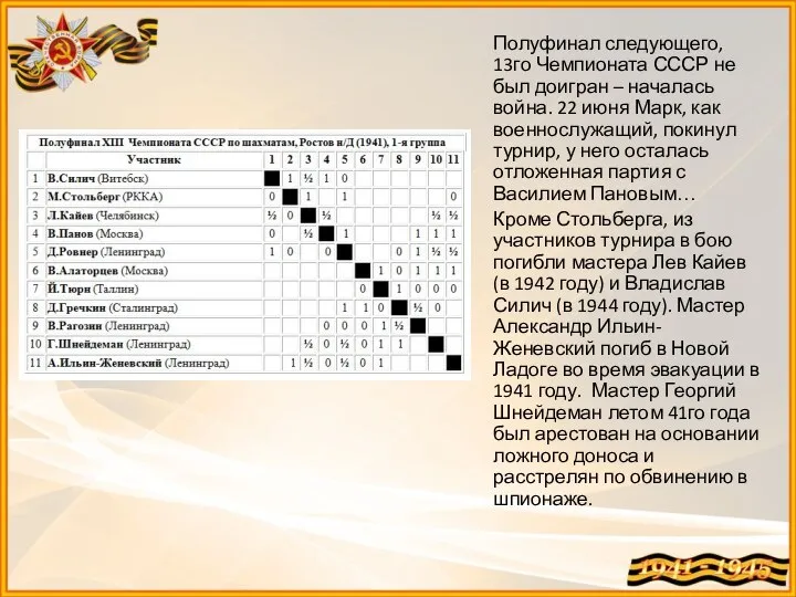 Полуфинал следующего, 13го Чемпионата СССР не был доигран – началась война. 22