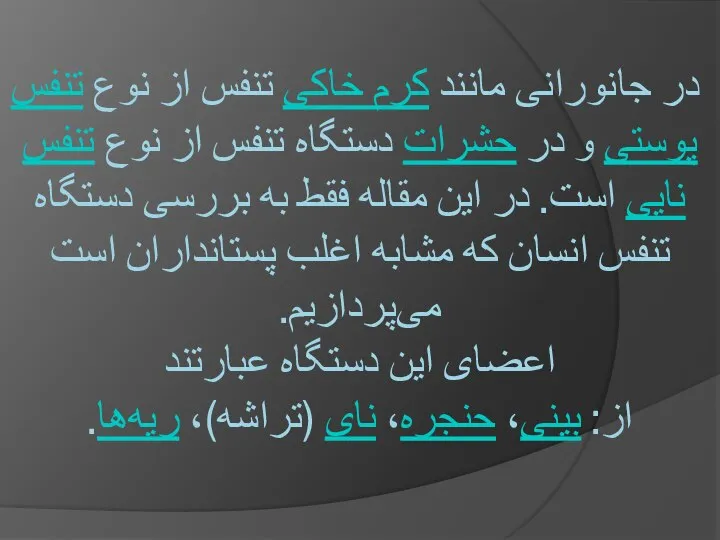 در جانورانی مانند کرم خاکی تنفس از نوع تنفس پوستی و در