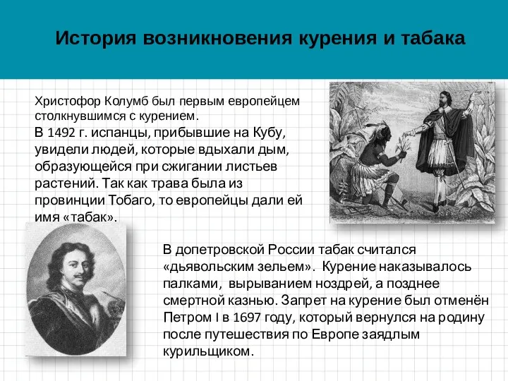 История возникновения курения и табака Христофор Колумб был первым европейцем столкнувшимся с