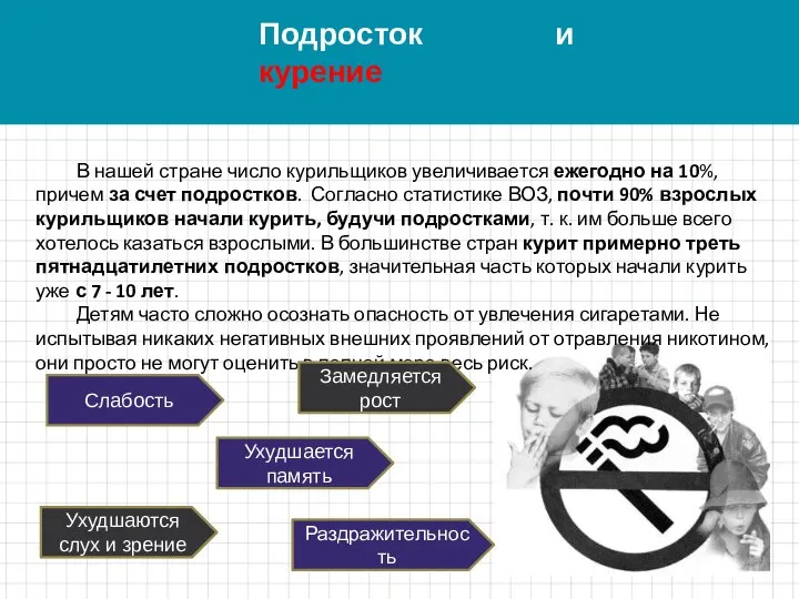 Подросток и курение В нашей стране число курильщиков увеличивается ежегодно на 10%,