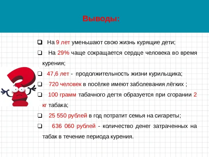 Выводы: На 9 лет уменьшают свою жизнь курящие дети; На 29% чаще