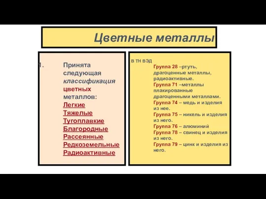 Цветные металлы Принята следующая классификация цветных металлов: Легкие Тяжелые Тугоплавкие Благородные Рассеянные