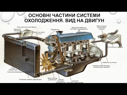 ОСНОВНІ ЧАСТИНИ СИСТЕМИ ОХОЛОДЖЕННЯ. ВИД НА ДВИГУН