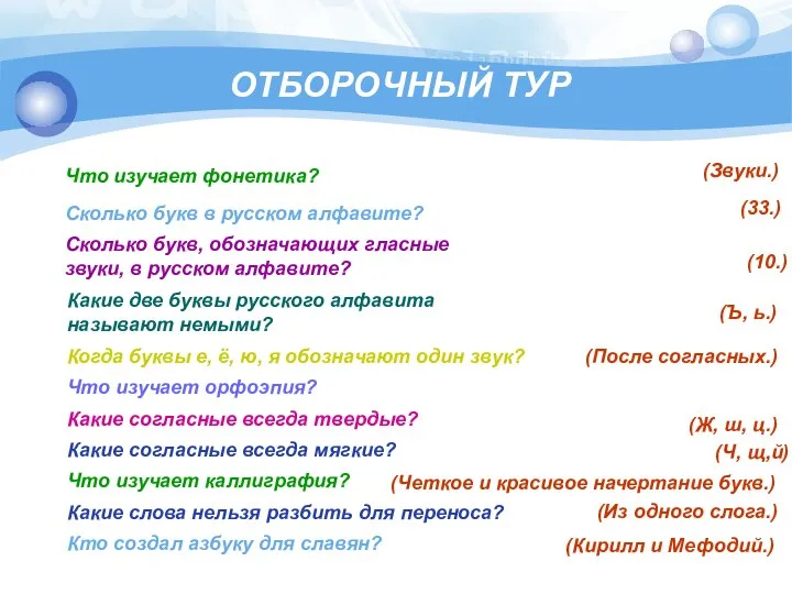 ОТБОРОЧНЫЙ ТУР Что изучает фонетика? Сколько букв в русском алфавите? Сколько букв,