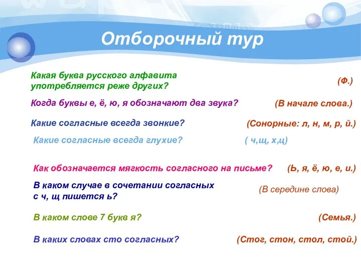 Отборочный тур Какая буква русского алфавита употребляется реже других? Когда буквы е,