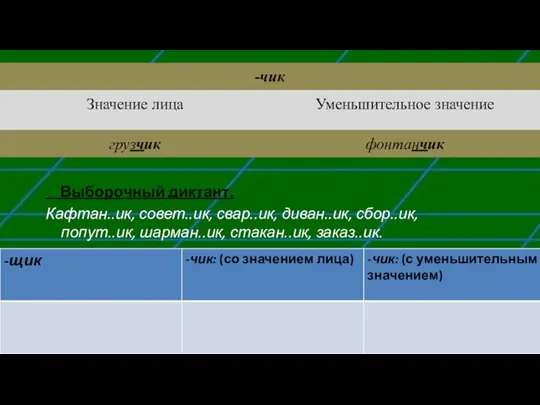 Выборочный диктант. Кафтан..ик, совет..ик, свар..ик, диван..ик, сбор..ик, попут..ик, шарман..ик, стакан..ик, заказ..ик.