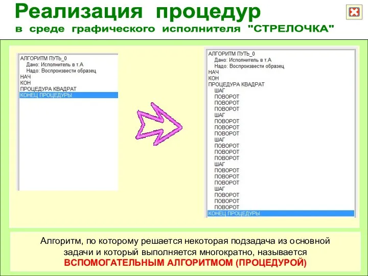 Реализация процедур в среде графического исполнителя "СТРЕЛОЧКА" Алгоритм, по которому решается некоторая