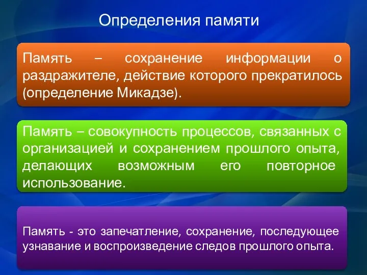 Определения памяти Память - это запечатление, сохранение, последующее узнавание и воспроизведение следов