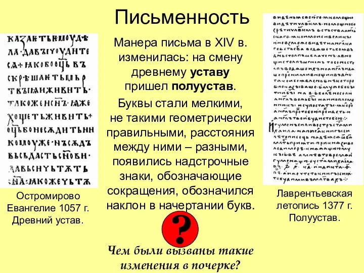 Письменность Манера письма в XIV в. изменилась: на смену древнему уставу пришел