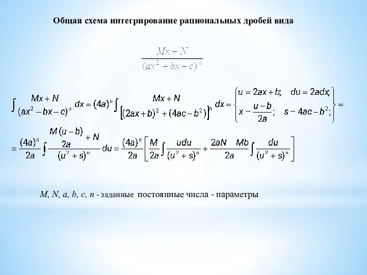 Общая схема интегрирование рациональных дробей вида M, N, a, b, c, n