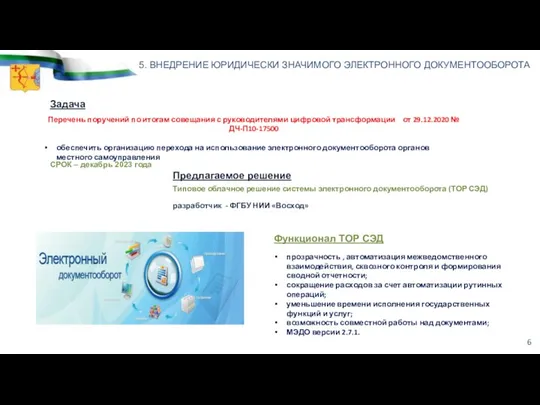 5. ВНЕДРЕНИЕ ЮРИДИЧЕСКИ ЗНАЧИМОГО ЭЛЕКТРОННОГО ДОКУМЕНТООБОРОТА Перечень поручений по итогам совещания с