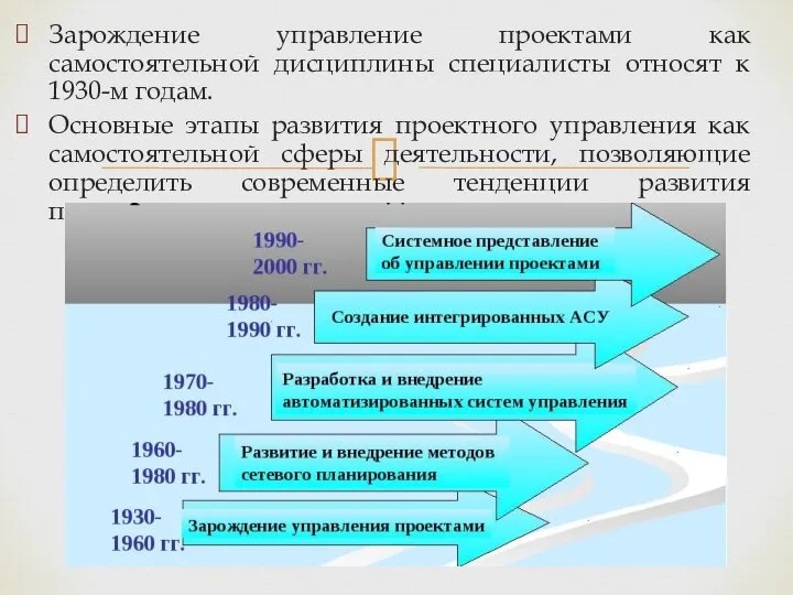 Зарождение управление проектами как самостоятельной дисциплины специалисты относят к 1930-м годам. Основные