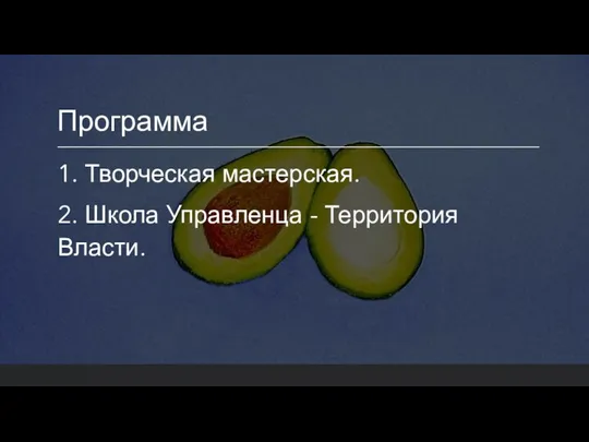 Программа 1. Творческая мастерская. 2. Школа Управленца - Территория Власти.