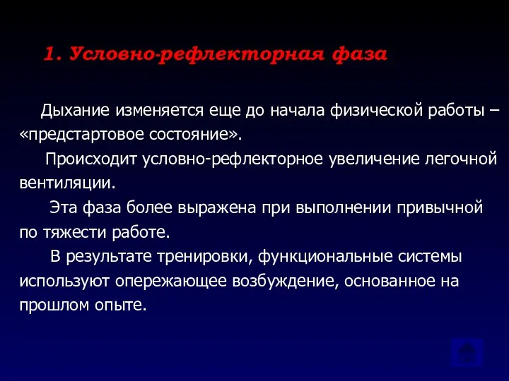 1. Условно-рефлекторная фаза Дыхание изменяется еще до начала физической работы – «предстартовое