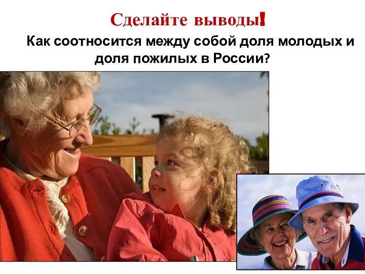 Сделайте выводы! Как соотносится между собой доля молодых и доля пожилых в России?
