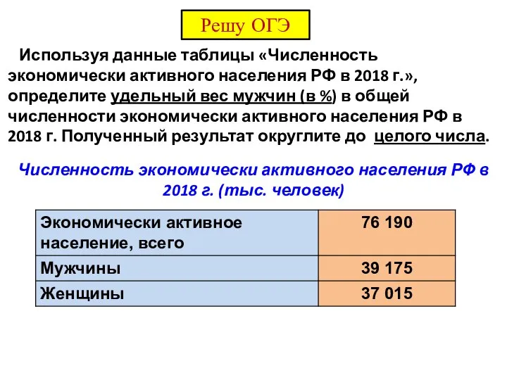 Используя данные таблицы «Численность экономически активного населения РФ в 2018 г.», определите