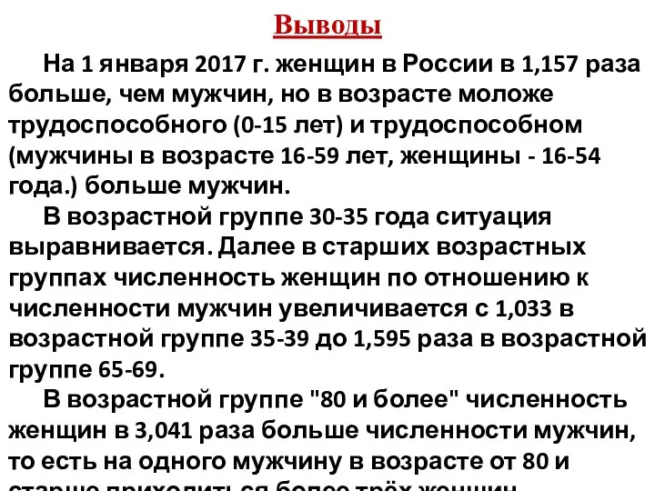 Выводы На 1 января 2017 г. женщин в России в 1,157 раза