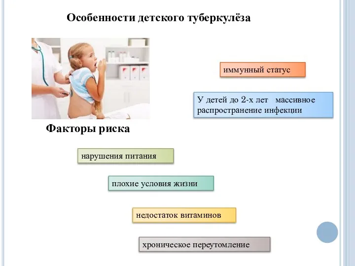 Особенности детского туберкулёза иммунный статус У детей до 2-х лет массивное распространение