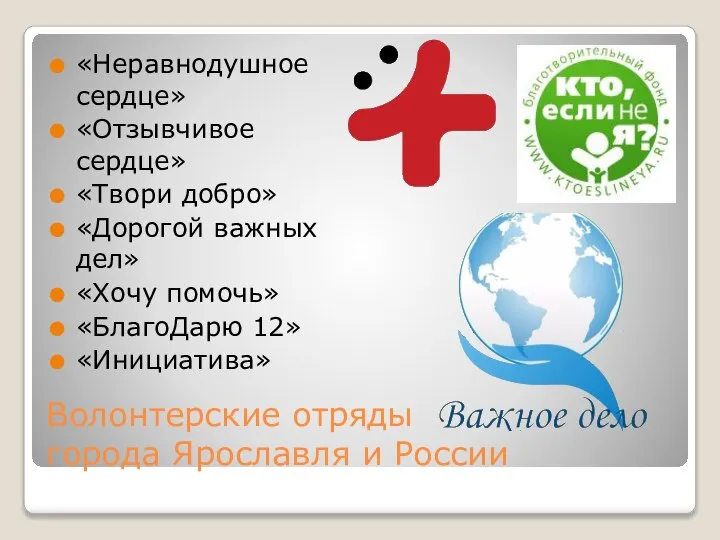 Волонтерские отряды города Ярославля и России «Неравнодушное сердце» «Отзывчивое сердце» «Твори добро»