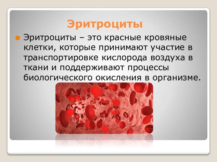 Эритроциты Эритроциты – это красные кровяные клетки, которые принимают участие в транспортировке