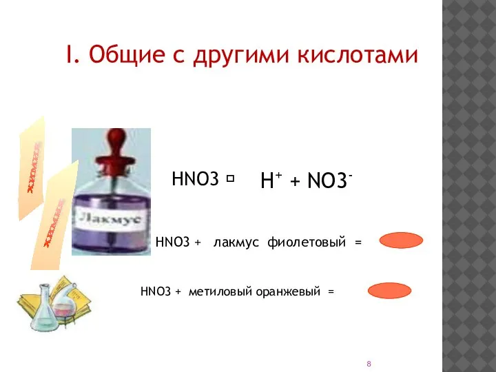 I. Общие с другими кислотами НNO3 + лакмус фиолетовый = НNO3 +