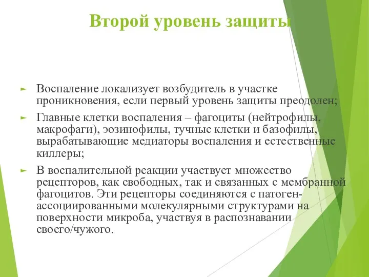 Второй уровень защиты Воспаление локализует возбудитель в участке проникновения, если первый уровень