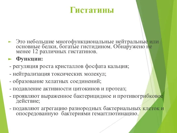 Гистатины Это небольшие многофункциональные нейтральные или основные белки, богатые гистидином. Обнаружено не