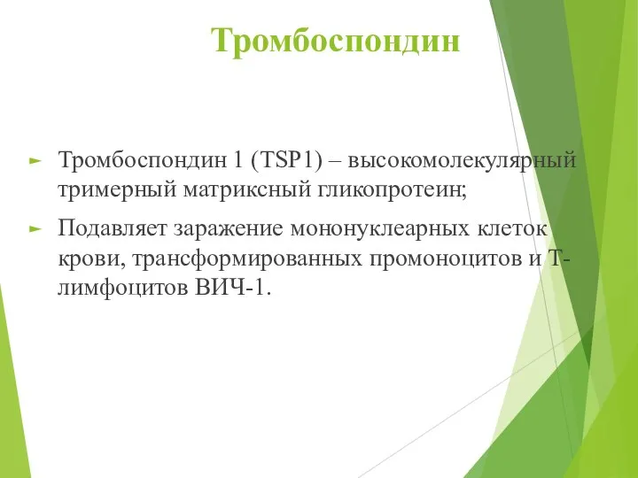 Тромбоспондин Тромбоспондин 1 (TSP1) – высокомолекулярный тримерный матриксный гликопротеин; Подавляет заражение мононуклеарных