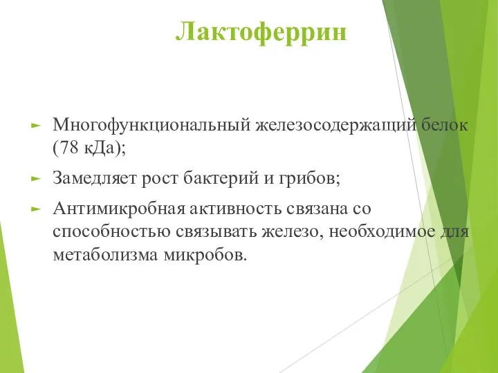 Лактоферрин Многофункциональный железосодержащий белок (78 кДа); Замедляет рост бактерий и грибов; Антимикробная