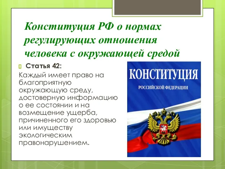 Конституция РФ о нормах регулирующих отношения человека с окружающей средой Статья 42: