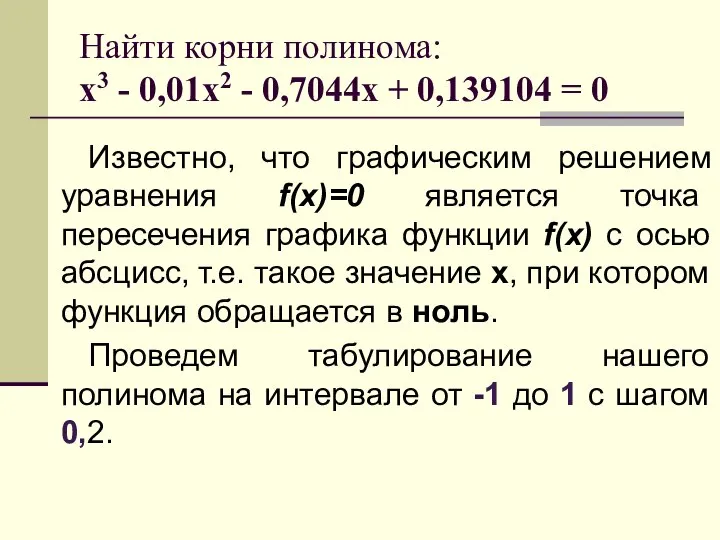 Найти корни полинома: x3 - 0,01x2 - 0,7044x + 0,139104 = 0