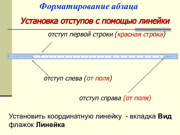 Установка отступов с помощью линейки отступ первой строки (красная строка) отступ слева