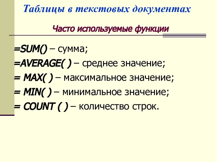 =SUM() – сумма; =AVERAGE( ) – среднее значение; = MAX( ) –