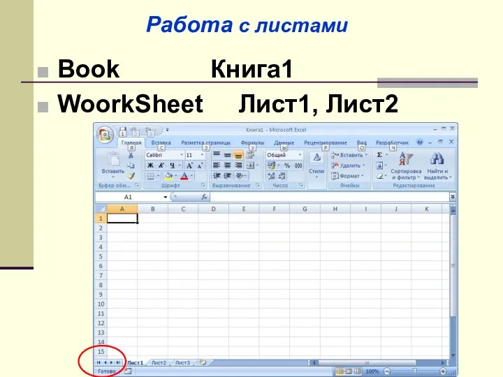 Book Книга1 WoorkSheet Лист1, Лист2 Работа с листами