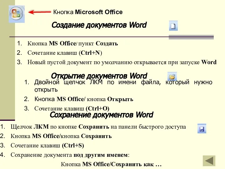 Создание документов Word Кнопка MS Office/ пункт Создать Сочетание клавиш (Ctrl+N) Новый