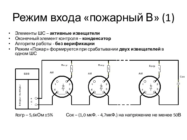 Режим входа «пожарный В» (1) Элементы ШС – активные извещатели Оконечный элемент