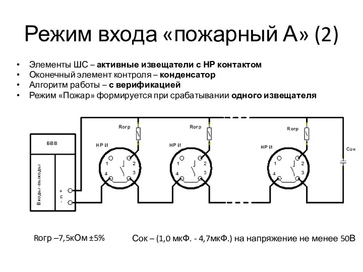 Режим входа «пожарный А» (2) Элементы ШС – активные извещатели с НР