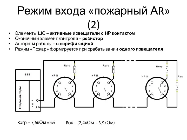 Режим входа «пожарный АR» (2) Элементы ШС – активные извещатели с НР