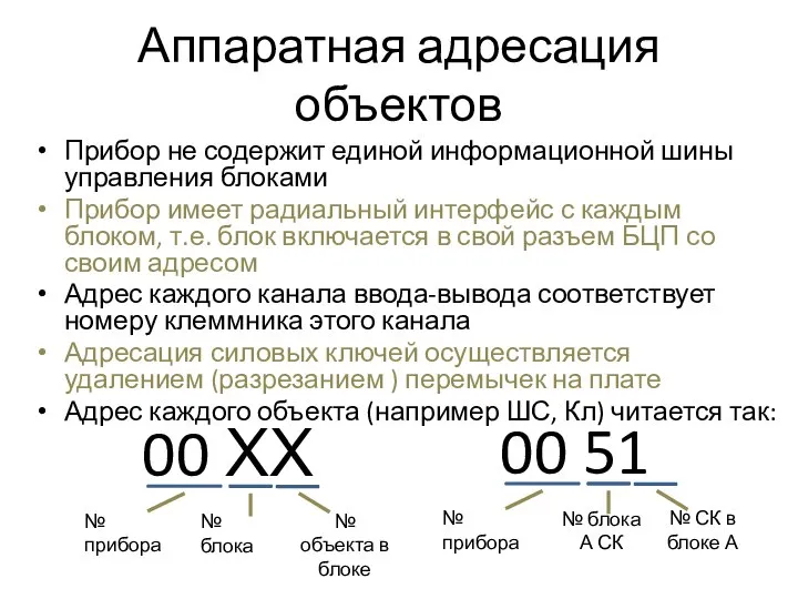 Аппаратная адресация объектов Прибор не содержит единой информационной шины управления блоками Прибор