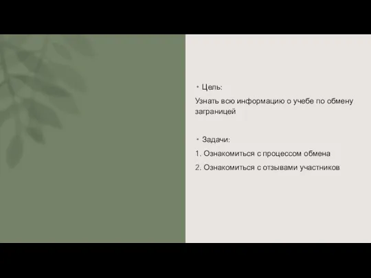 Цель: Узнать всю информацию о учебе по обмену заграницей Задачи: 1. Ознакомиться