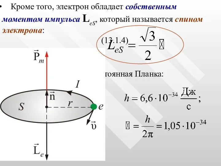 Кроме того, электрон обладает собственным моментом импульса LеS, который называется спином электрона: