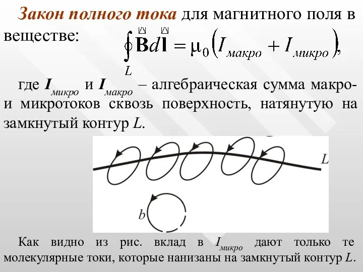 Закон полного тока для магнитного поля в веществе: где Iмикро и Iмакро