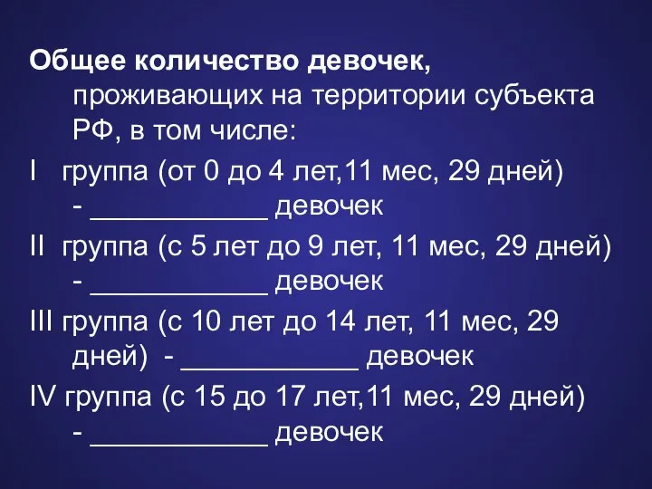 Общее количество девочек, проживающих на территории субъекта РФ, в том числе: I