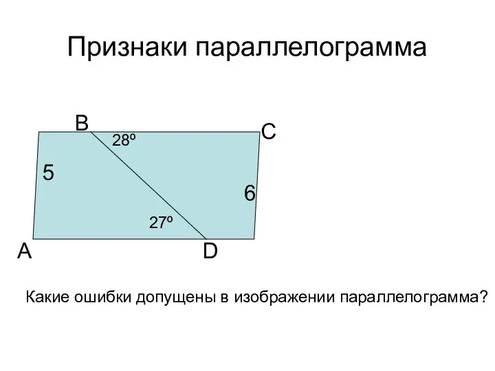 Признаки параллелограмма А В С D Какие ошибки допущены в изображении параллелограмма? 6 27º 5 28º